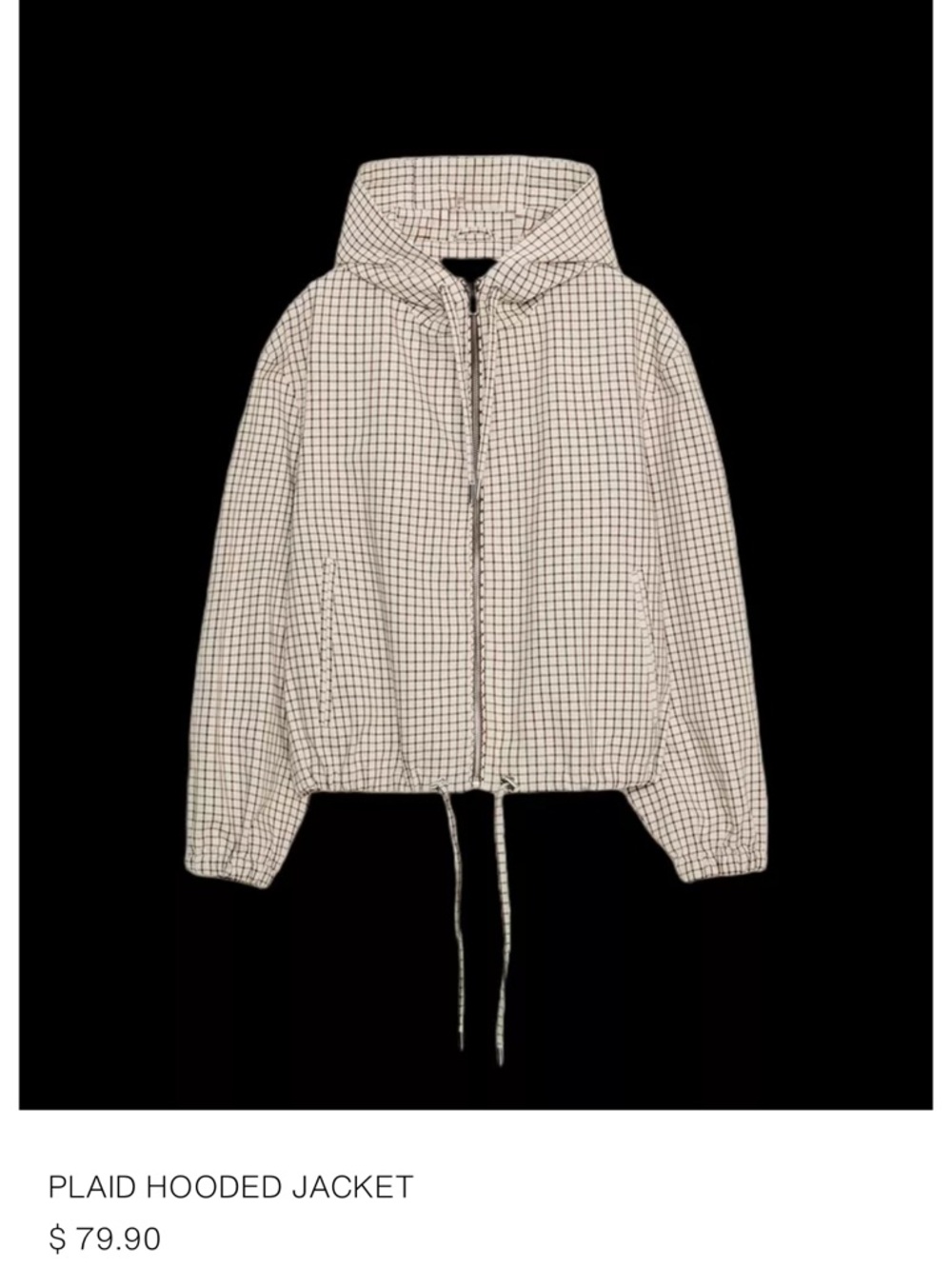Zara Cream and Black Plaid Hooded Bomber Jacket